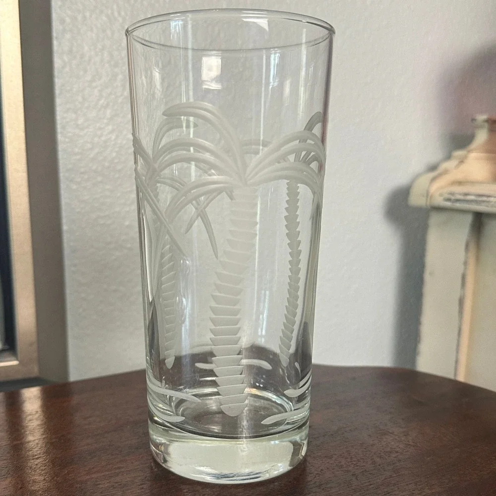 Rolf Glass Palm Tree Glassware Pair Wine Balloon & Highball Tropical Barware